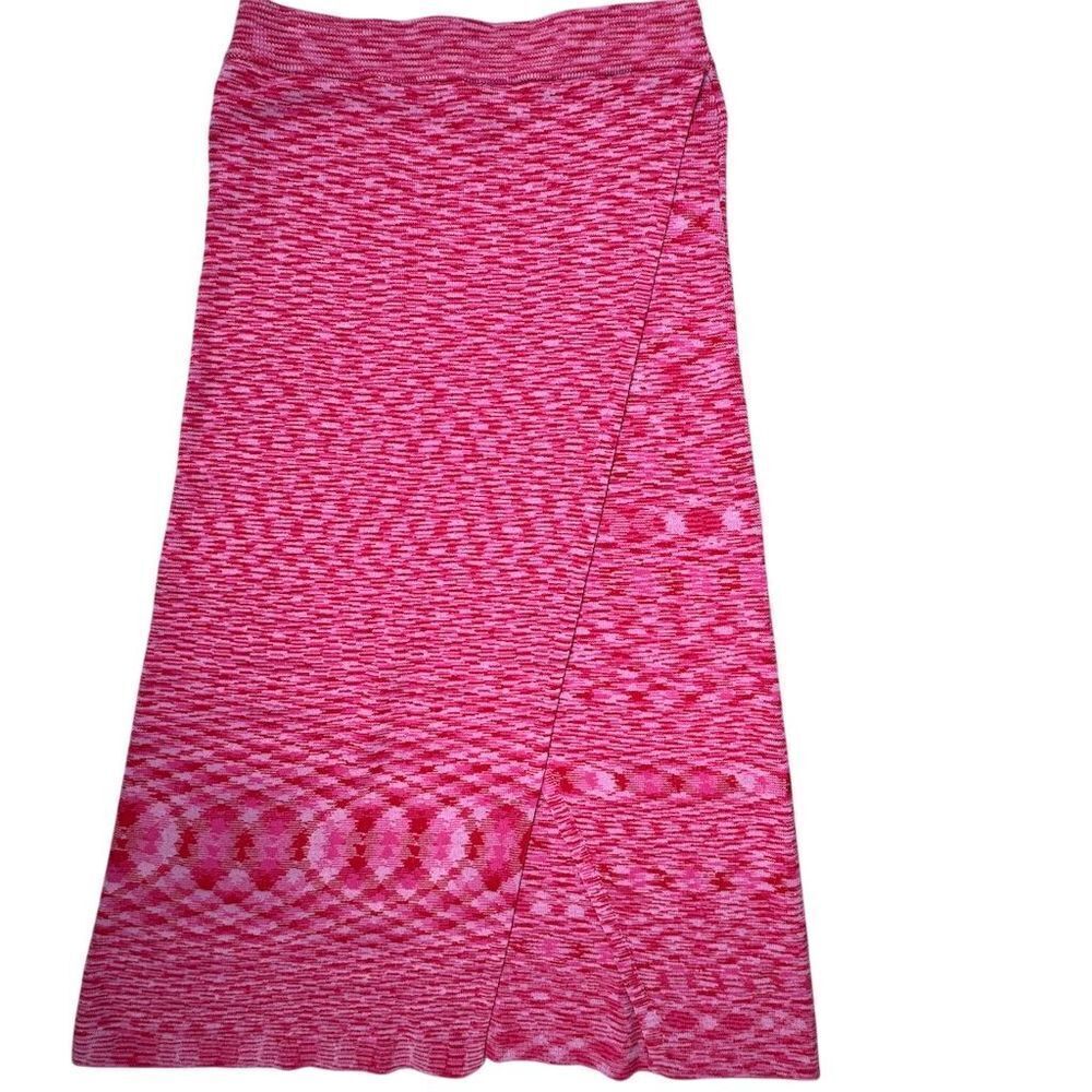 Scoop Women's Faux Wrap Midi Skirt Pink Red Slit  Casual Stretch Size Small